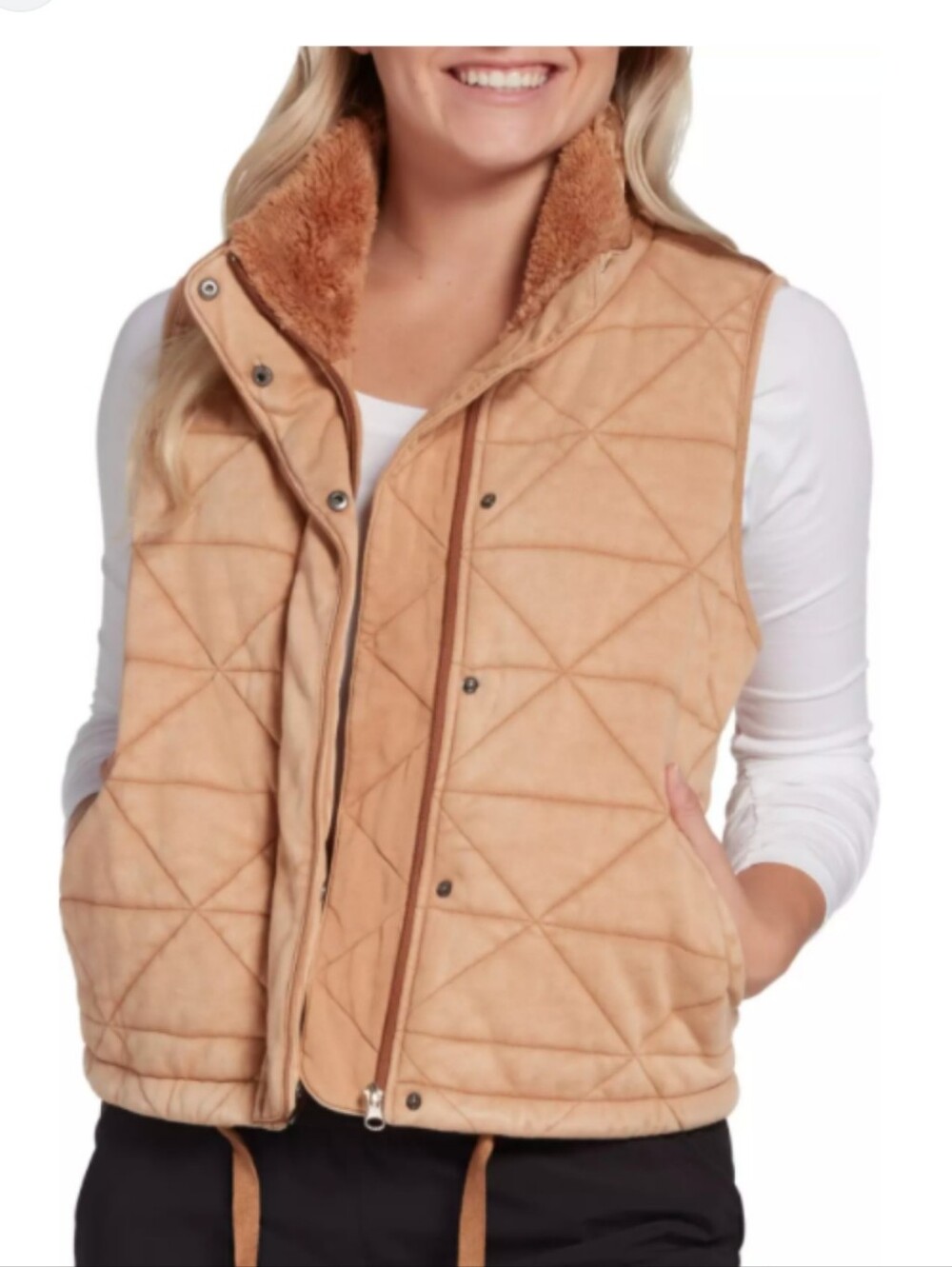 NWT Calia by Carrie Underwood Quilted Faux-Shearling Collar Vest - Camel